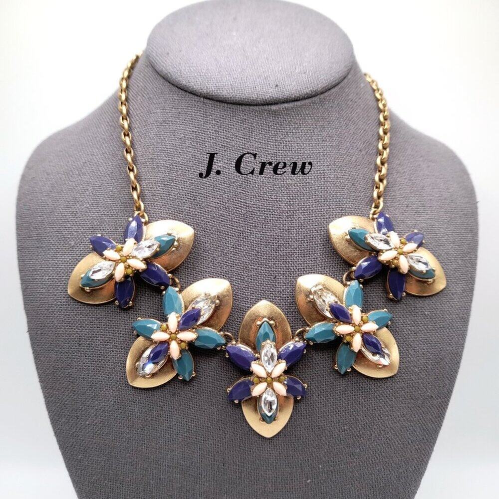 J. Crew Rhinestone Frontal Necklace, Purple Green Clear Rhinestones, Floral 19"